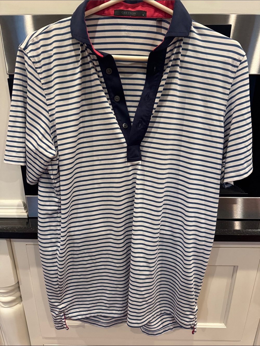 Greyson Navy & White Striped Polo with Contrast Placket
